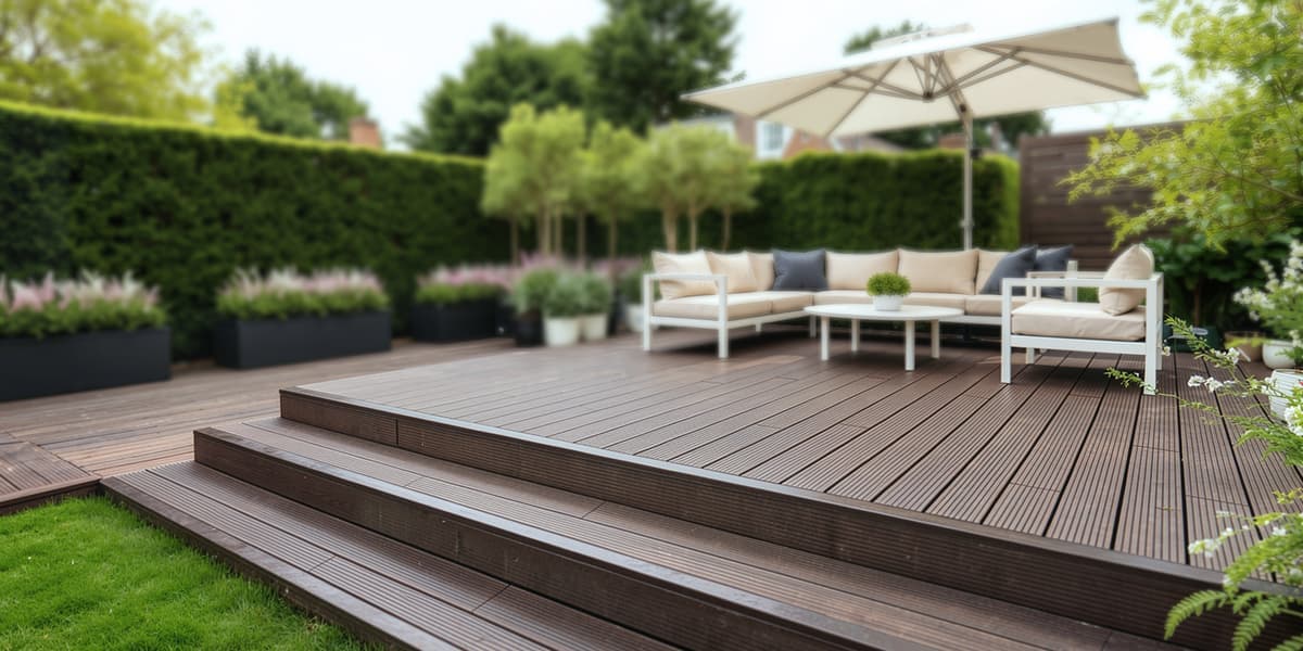 Langlebige Bambus-Terrassendielen für den Garten Bambus-Terrassendielen als Gartenterrasse mit Loungemöbeln und Sonnenschirm