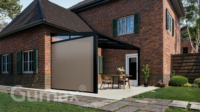 Aluminium Seitenwand mit graubeige Paneelen + Abschlusskeil