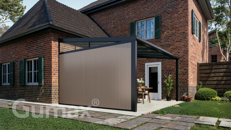 Aluminium Seitenwand mit graubeige Paneelen + Abschlusskeil